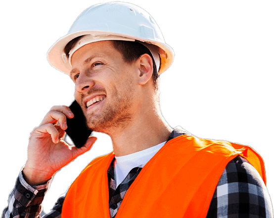 A man in an orange vest talking on a cell phone, featuring Data Field Technology Services and highlighting their expertise in innovative tech solutions.