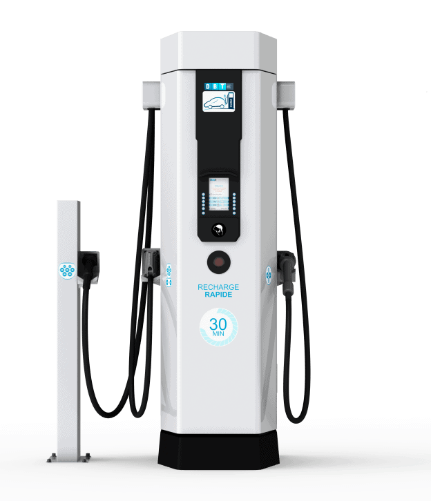 A white electric charging station with two charging cables, featuring Data Field Technology Services and highlighting their expertise in innovative tech solutions.