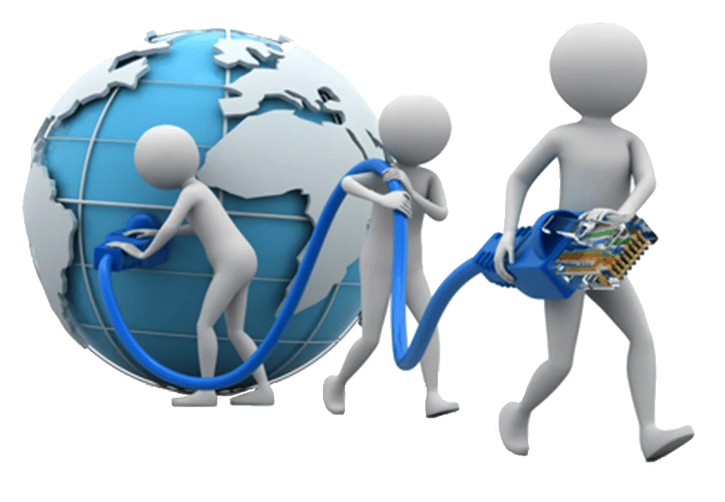 3d people holding a blue cable and a globe, featuring Data Field Technology Services and highlighting their expertise in innovative tech solutions.