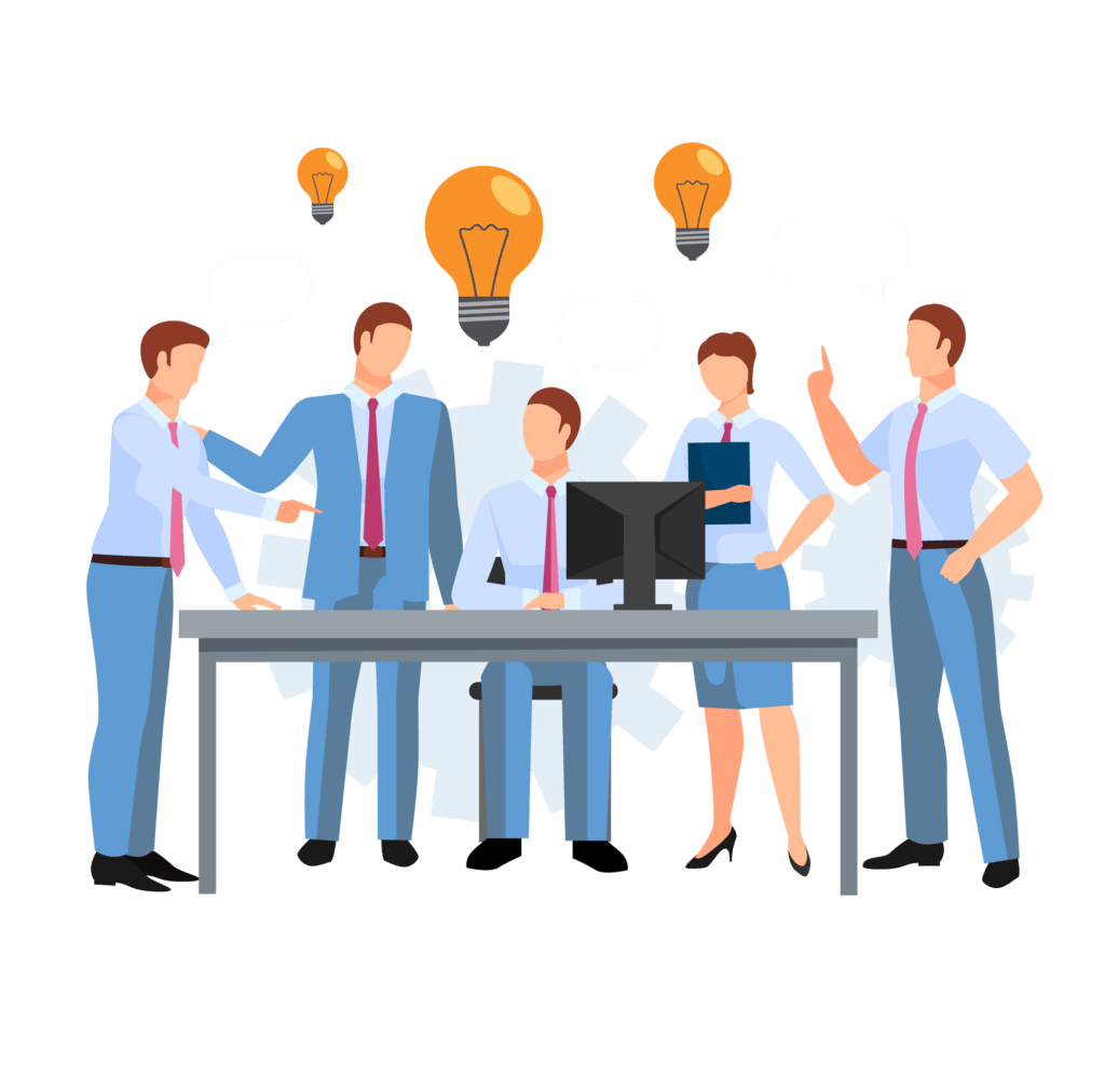 Business people talking at a table with light bulbs, featuring Data Field Technology Services and highlighting their expertise in innovative tech solutions.