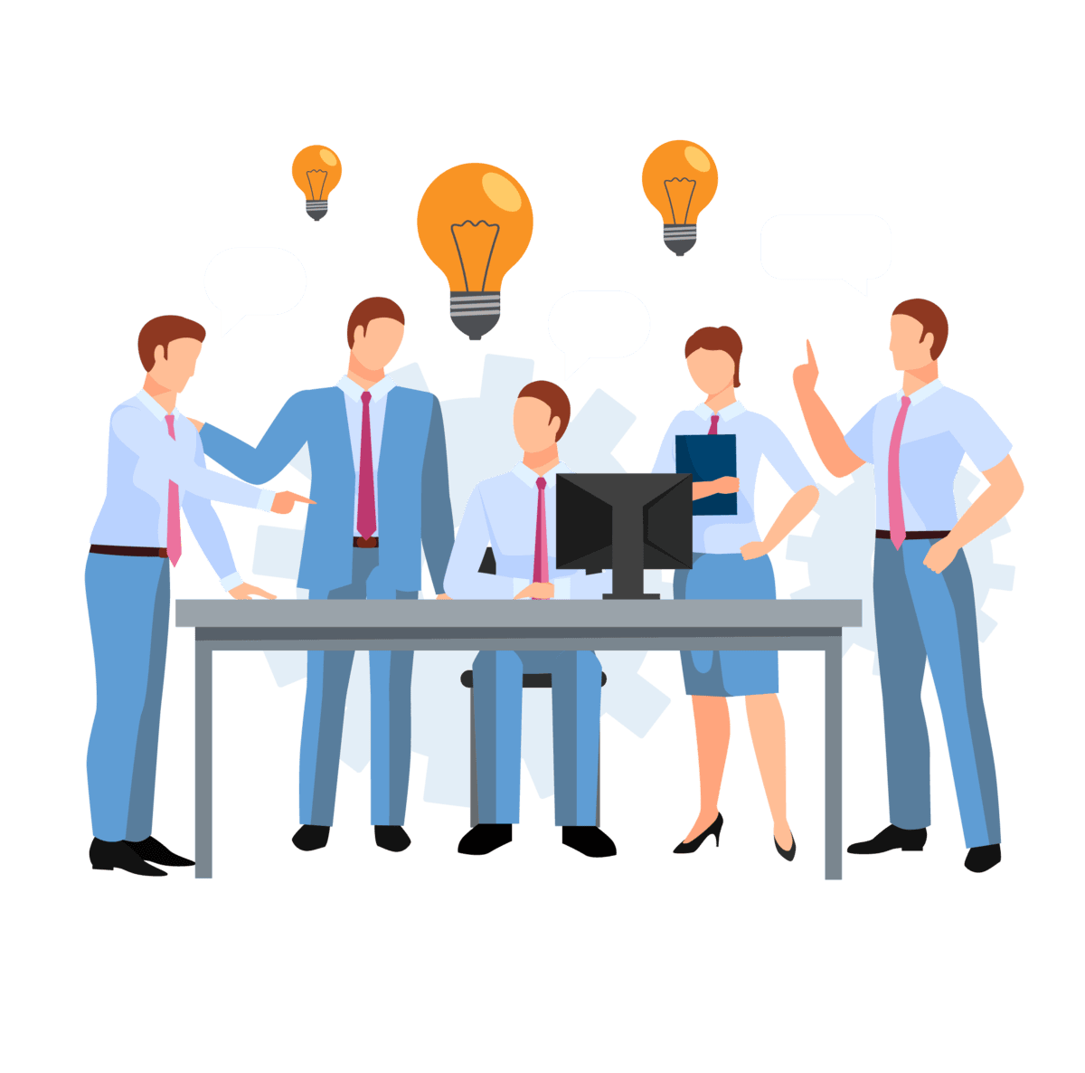 Business people talking at a table with light bulbs, featuring Data Field Technology Services and highlighting their expertise in innovative tech solutions.