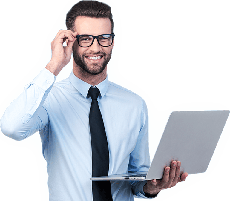 A smiling man in glasses holding a laptop, featuring Data Field Technology Services and highlighting their expertise in innovative tech solutions.