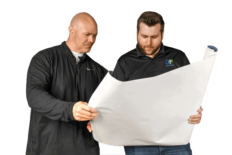 Two men holding a large piece of paper, featuring Data Field Technology Services and highlighting their expertise in innovative tech solutions.