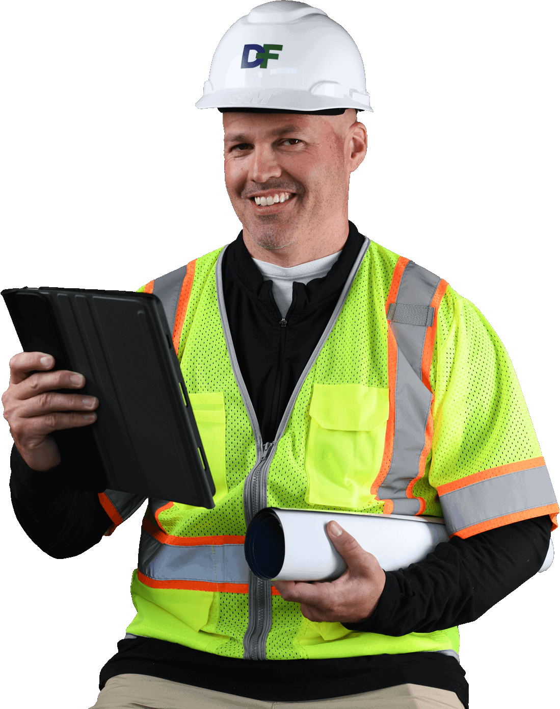 Man smiling, symbolizing Datafield Technology Services, embodying the persona of 'field guy,' complementing the page's theme.