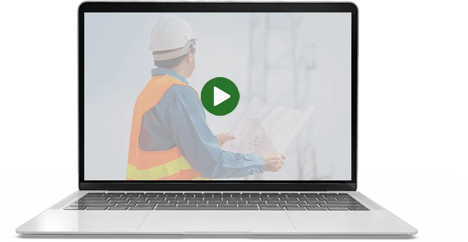 A laptop with a construction worker on it, featuring Data Field Technology Services and highlighting their expertise in innovative tech solutions.