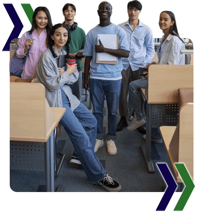 A group of students in a classroom with the words 