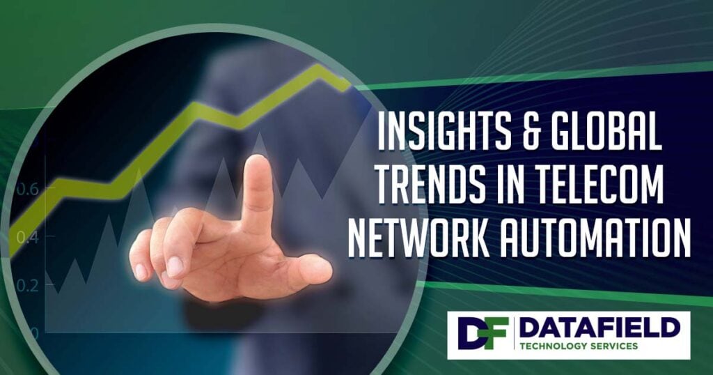 Image of a businessman observing an upward-trending graphic chart, featuring Datafield Technology Services, highlighting insights and global trends in telecom network automation.