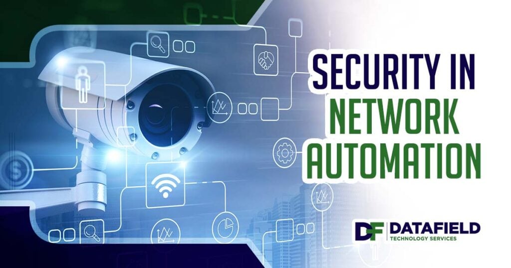 Image of a surveillance street camera with digital security icons, featuring Datafield Technology Services, highlighting security in network automation.