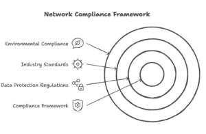 Image depicting a network compliance framework, featuring the Datafield logo and highlighting 'Network Compliance Framework,' aligning with the page's focus on ensuring regulatory adherence and security in network management.