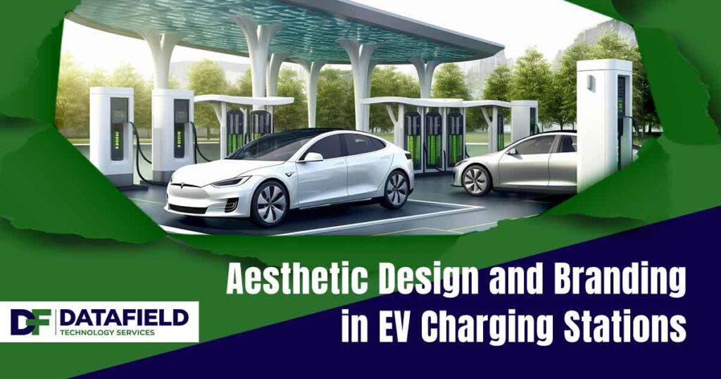 Image representing the electric vehicle revolution with EVs driving towards a sustainable future, featuring the Datafield logo and highlighting 'Aesthetic Design and Branding in EV Charging Stations,' aligning with the page's focus on combining functionality with visual appeal in EV infrastructure.