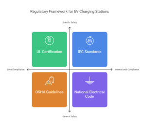 Graph featuring the Datafield Technology logo, highlighting 'Safety and Regulatory Compliance in EV Charging Station Design,' visually emphasizing key standards and practices for secure and compliant charging infrastructure.
