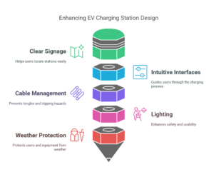 Graph illustrating key aspects of user experience and interface design in EV charging stations, featuring the Datafield Technology logo, emphasizing intuitive usability and customer-centric solutions.