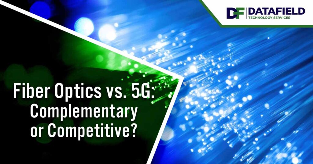 Image of bright blue light beams and shimmering particles, featuring Datafield Technology Services and highlighting Fiber Optics vs. 5G – Complementary or Competitive?, ensuring alignment with the page's context.