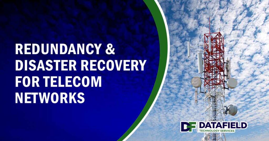 Image of communications tower against a clear sky, featuring Datafield Technology Services and highlighting Redundancy & Disaster Recovery for Telecom Networks, ensuring it aligns with the page's context of telecom reliability and infrastructure resilience.