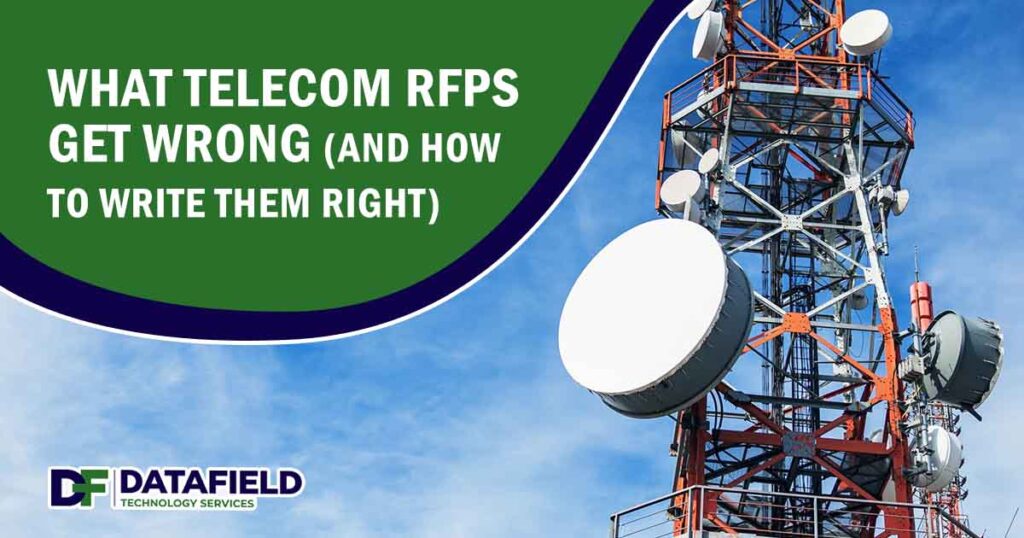 Image of a telecommunication tower against the sky, featuring DataField Technology and highlighting "Lakewood: What Telecom RFPs Get Wrong (And How to Write Them Right)," ensuring it aligns with the page's context.