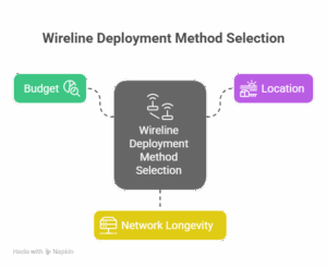 Image of wireline installation in progress, featuring DataField Technology Services and highlighting the evaluation of deployment methods to determine the best fit for your network needs.